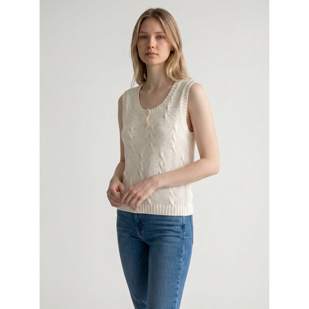 SKI Sweater Knits Incorporated Vintage Cream Cotton Cable Knit Henley Top Size M